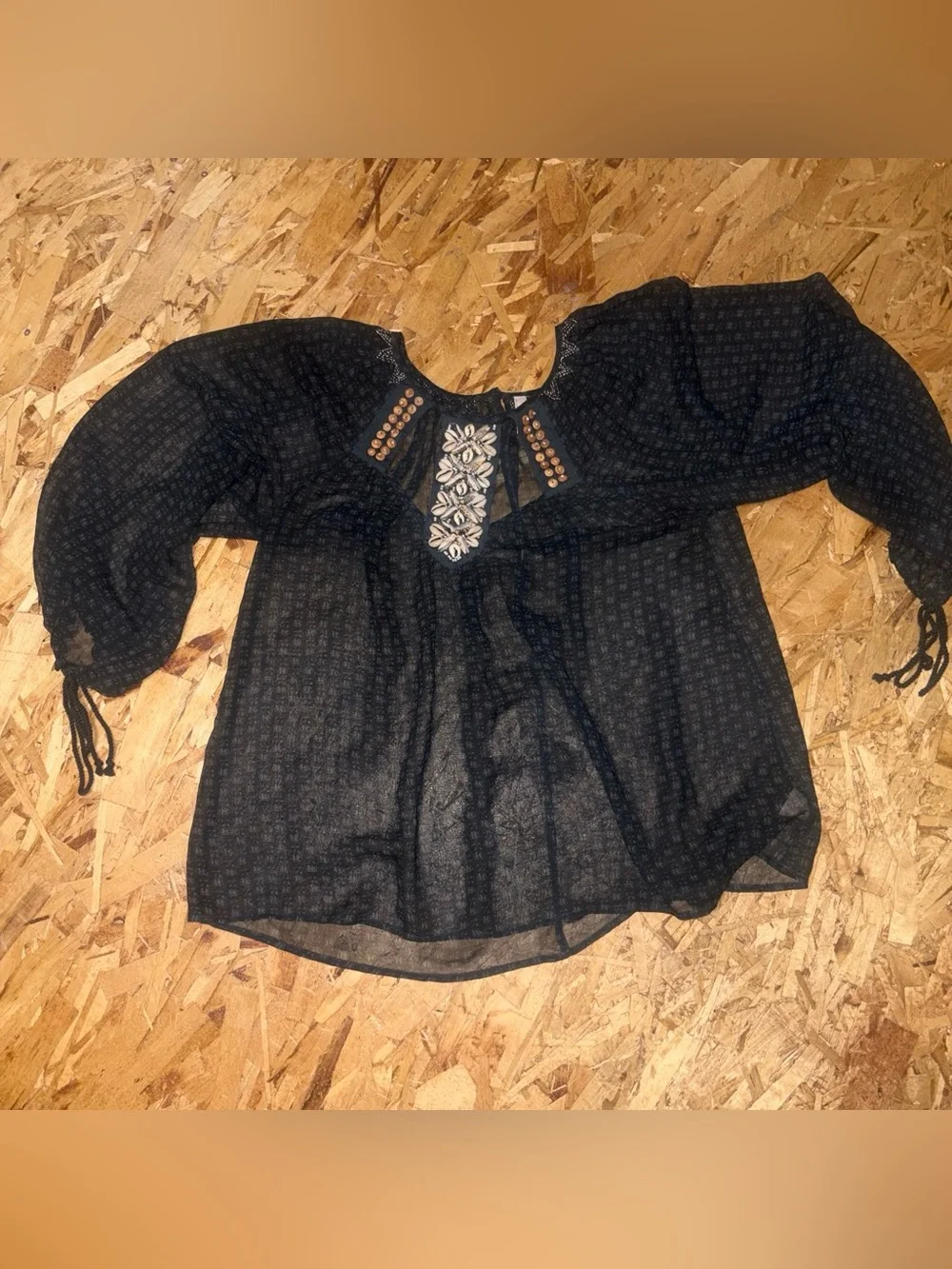 Mid 2000’s Free People Black Sheer Embroidered Peasant Top with Shells